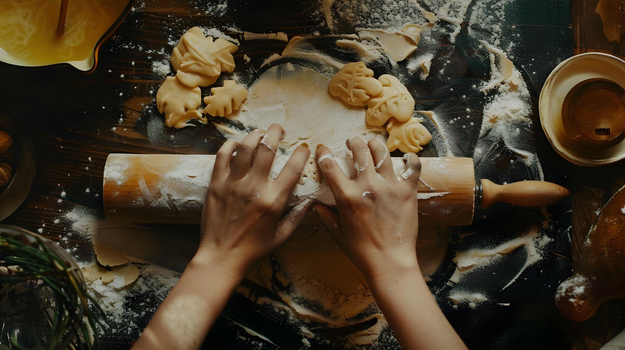 Hands shaping pasta dough in a professional kitchen