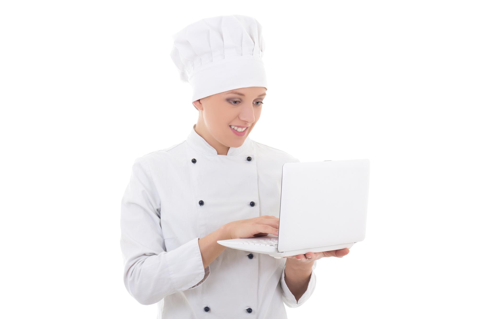 Chef teaching online class on laptop